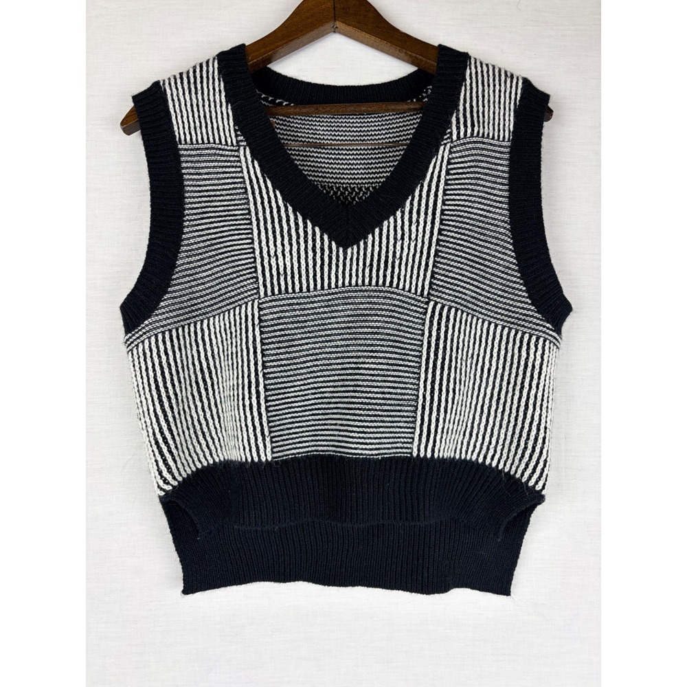 SHEIN Black White Geometric Patchwork Knit Sweater Vest V-Neck Striped Small - Picture 3 of 14